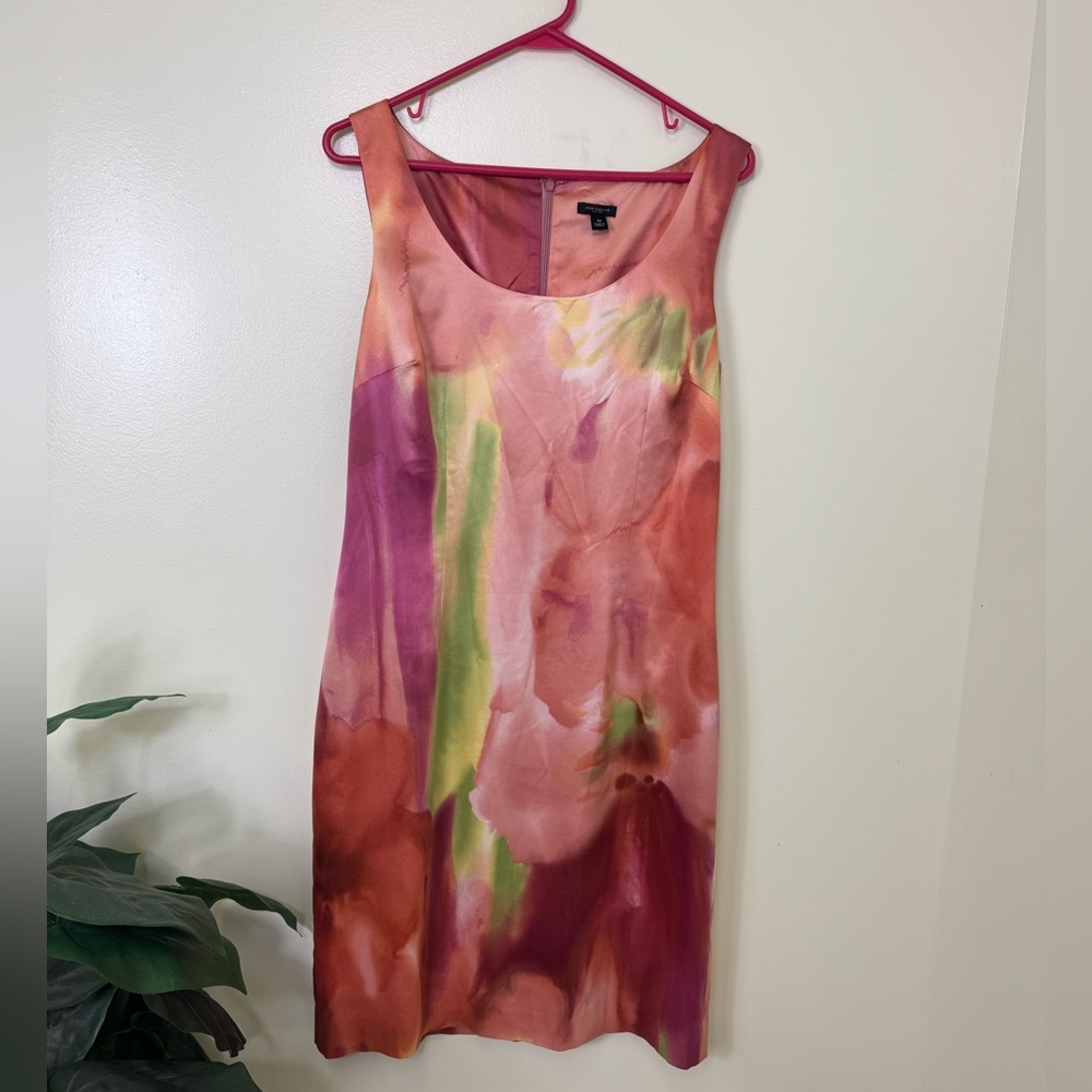 Ann Taylor Pink Watercolor Sunset Silky Dress, Size 10, Medium